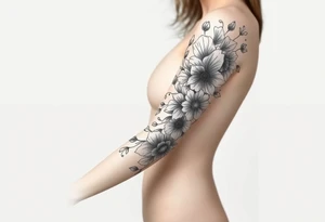Brush style full sleeve with flowers. Not perfect lines. Abstract. Artistic. Unique tattoo idea