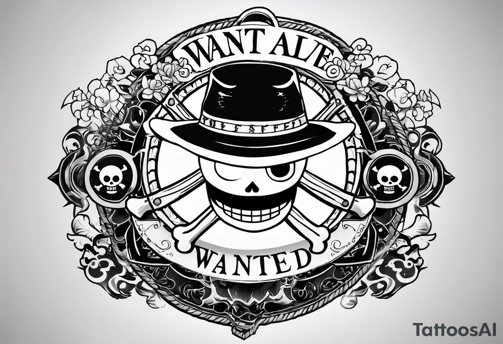 a tattoo from a fore hand from one piece anime of Luffy with the letters Wanted upside and dead or alive bellow tattoo idea