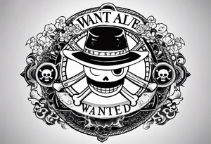 a tattoo from a fore hand from one piece anime of Luffy with the letters Wanted upside and dead or alive bellow tattoo idea