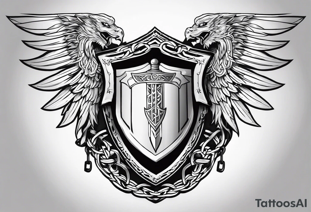 Valhalla sword fire chains shield wings tattoo idea