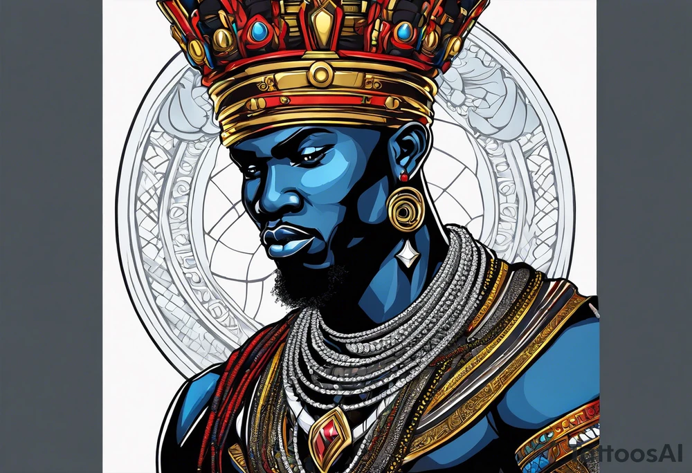 An african god, a bald black-skinned warrior, that uses a sword and a silver crown. He also uses blue and red necklaces tattoo idea