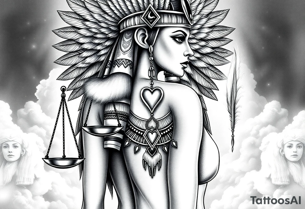 Beautiful Egyptian goddess with a curvy sexy body and breasts. She is wearing an ostrich feather headdress, and intricate ancient Egyptian jewelry the Anhk necklace. Background includes something similar to heaven. Incorporate the Scales of Justice—one side holding a heart, the other Ma’at’s feather—glowing with ethereal energy. Emphasize dramatic lighting, deep shadows, and surreal, mystical atmosphere tattoo idea