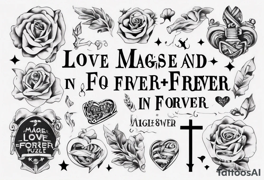 The words Maggie and Lucas and Love and Forever in a crossword puzzle tattoo idea