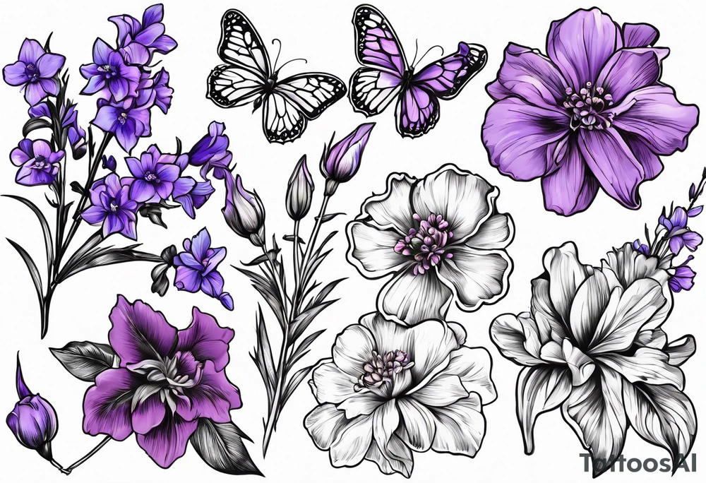 larkspur with stem, carnation with stem, violet, with stem, daisy with stem and tied together with a bow tattoo idea