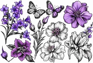 larkspur with stem, carnation with stem, violet, with stem, daisy with stem and tied together with a bow tattoo idea