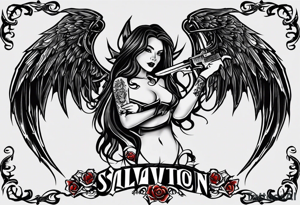 My tattoo idea is a female well endowed angle holding two items in her hand which is a glock in the right an a joint in the left behind her is gremlins with blades an sickles surrounding her an under all of that the word salvation is earned with blooding dripping from the words tattoo idea