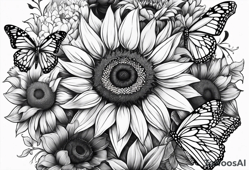 Sunflower and butterfly leg sleeve tattoo idea