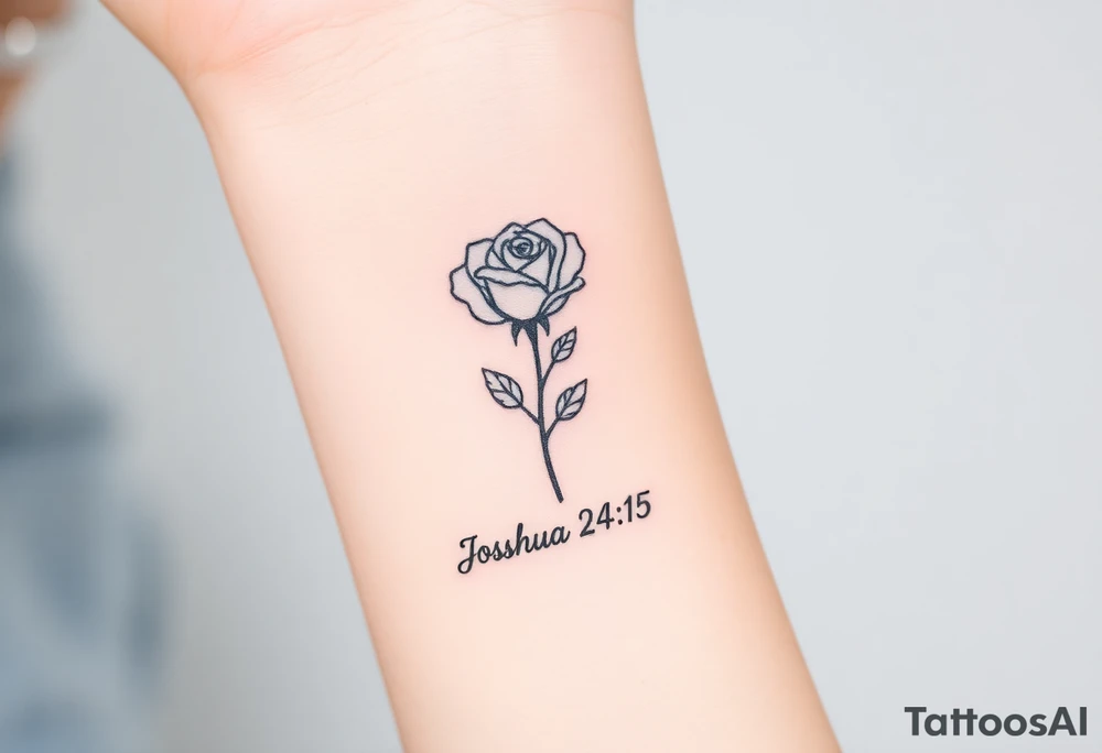 fine-line rose on my inner wrist, with the stem flowing down into the word Joshua 24:15 in tiny clean text underneath tattoo idea