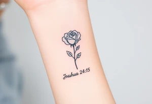 fine-line rose on my inner wrist, with the stem flowing down into the word Joshua 24:15 in tiny clean text underneath tattoo idea
