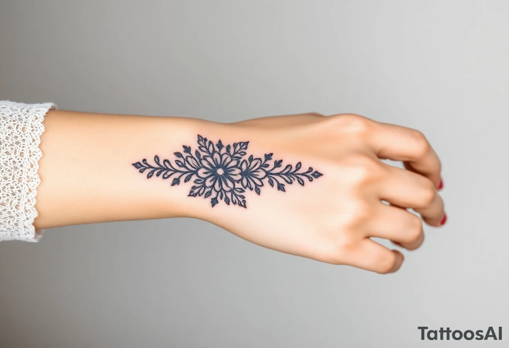 A delicate black lace band wrapped around the wrist, featuring intricate floral and filigree patterns tattoo idea