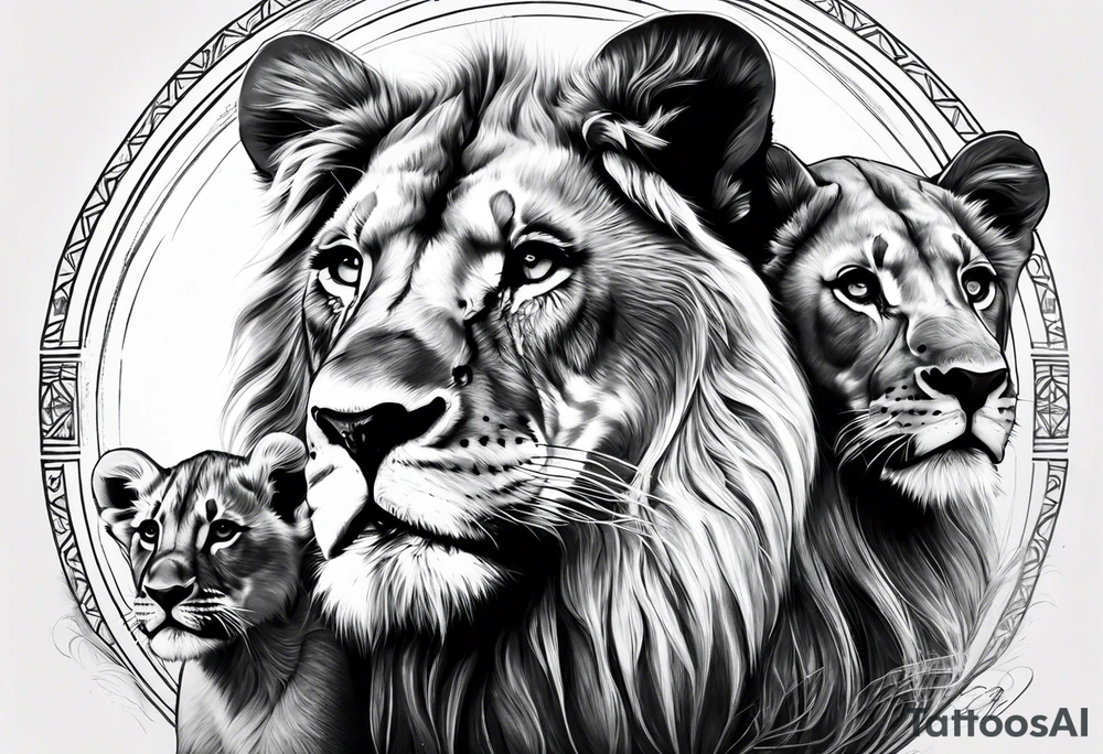 black and white tattoo featuring a lion, lioness, and lion cub. The lion faces upward towards the sky, looking in the opposite direction of the lioness. The lion cub is positioned below them, looking up.   Inspired by the lion king tattoo idea