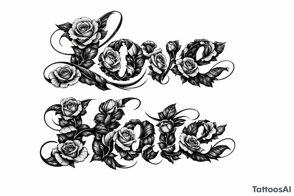 Blooming roses forming the letters of love/hate
delicate script. tattoo idea
