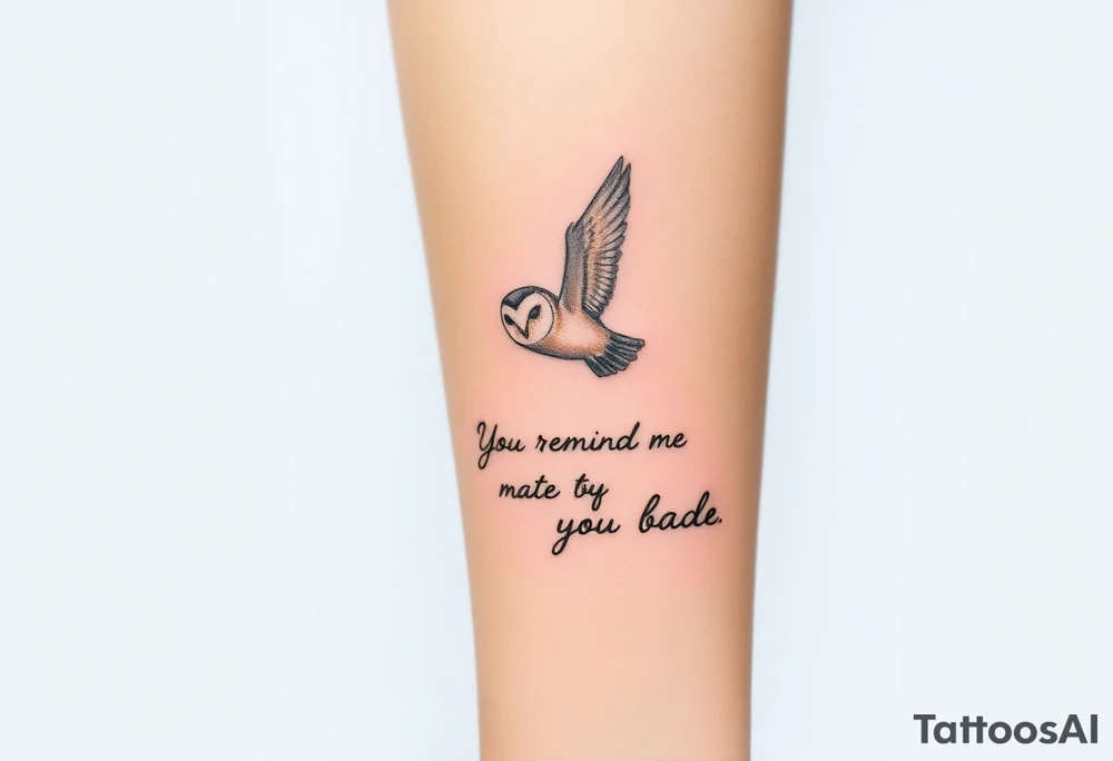 Small barn owl in flight with water color background and “You remind me of the babe” in script tattoo idea