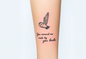 Small barn owl in flight with water color background and “You remind me of the babe” in script tattoo idea