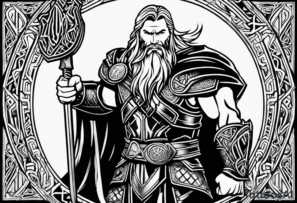 Thor with Viking runes in the background as a vignette tattoo idea