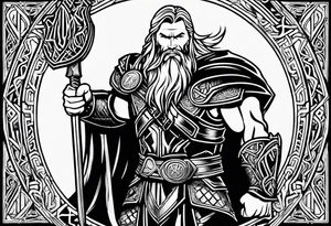 Thor with Viking runes in the background as a vignette tattoo idea