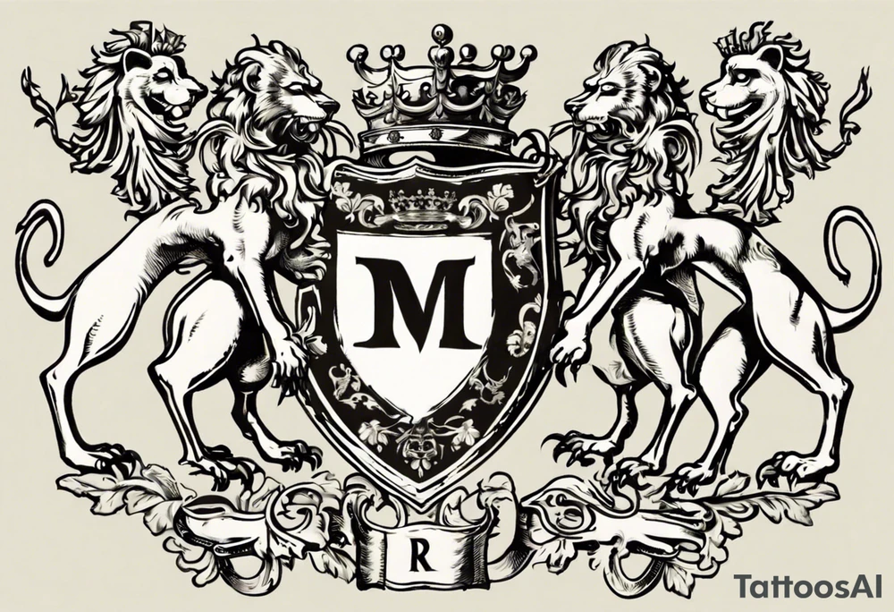 merge the English, Irish and Welsh Coat of Arms for the surname 'Moore'. The design should be symmetrical and suitable for a shoulder placement. It should feature heraldic elements from both coats of arms, such as the English Moore's lion and the Welsh Moore's dragon, intertwined in a harmonious and elegant manner. tattoo idea