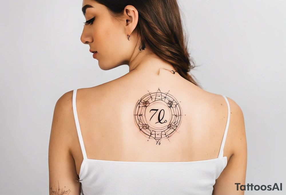 A tattoo in delicate style, so gentle. The symbol zodiac sign, Leo. The sketch should include fire, something delicate like that, and the numbers 7 and 8. tattoo idea