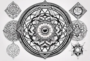 5 interlocking circles, surrounded by hollow triangles, straight lines connecting all shapes tattoo idea