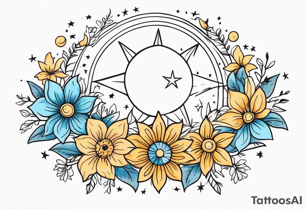 Western floral with sun stars and moon. Mirrored tattoo idea