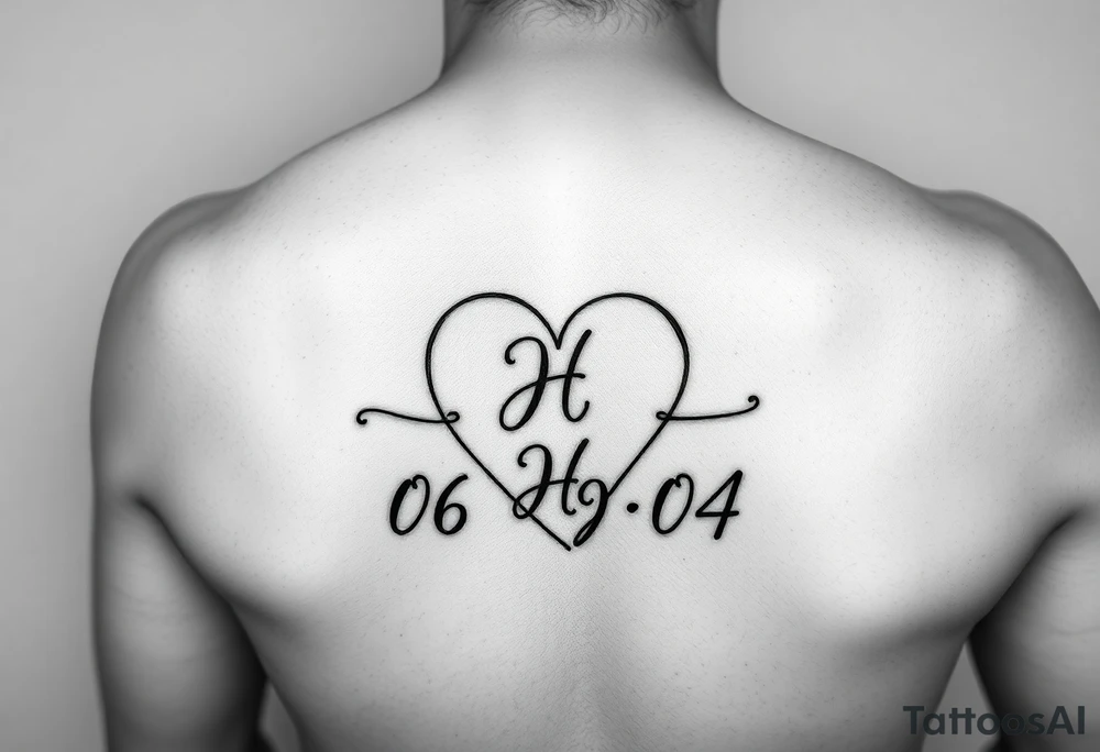 06-09-04 written and under the date is a heart inside the heart is a letter H in cursive on the lower back waist tattoo idea