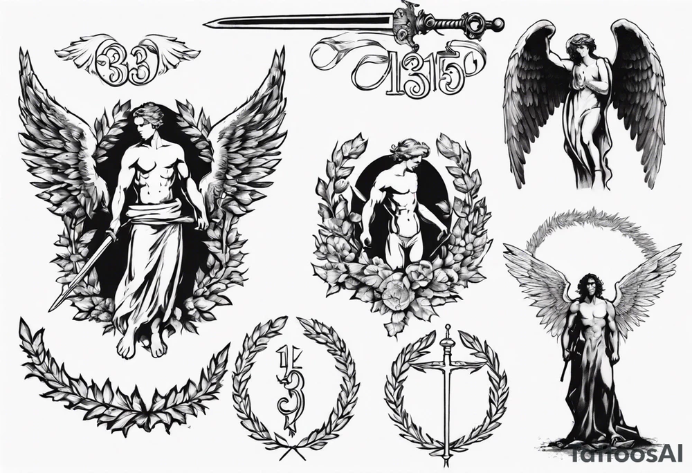 number 13, a laurel leaf wreath, and a Male angel holding sword tattoo idea