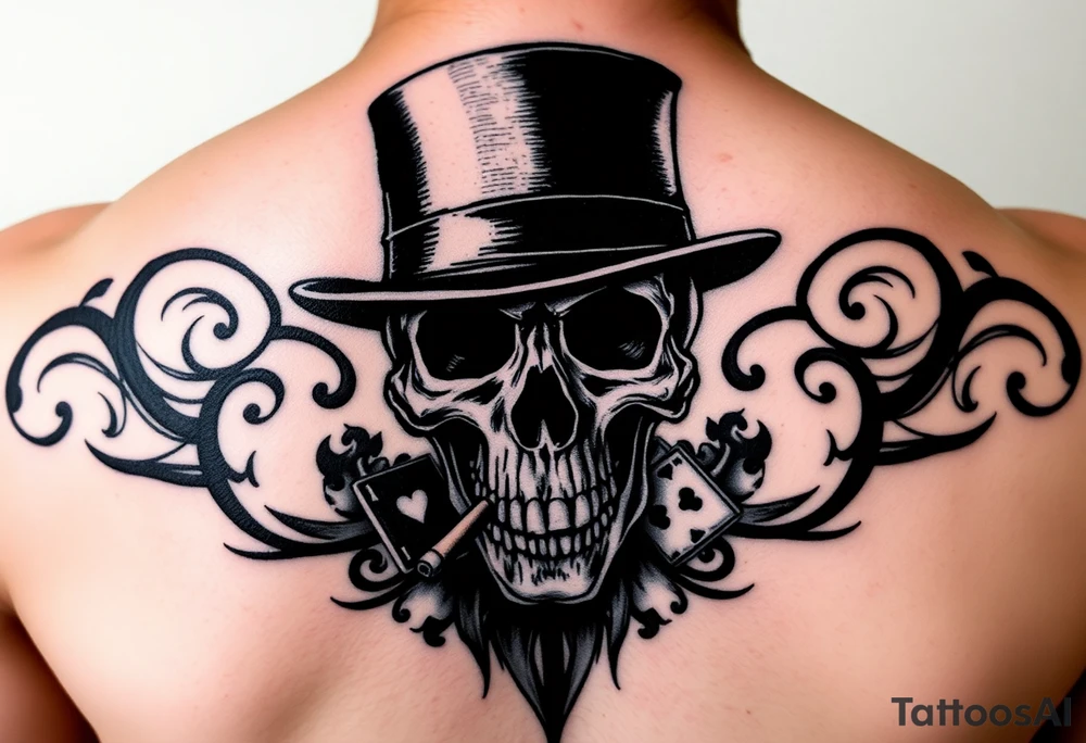 skull with top-hat,cigar in his mouth and playing cards. tattoo idea