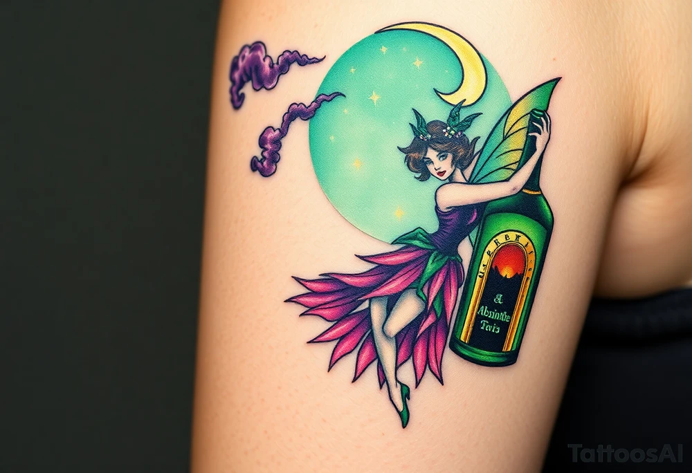 Tim Burton’s pin up style Vintage Parisian elegant and beautiful yet eerie full body absinthe Green Fairy dances outside her victorian crystal decatur absinthe bottle Absinthe Art Nouveau   and dripping with muted reds, dusty pinks, and eerie green glow.purple and cyan smokey clouds swirl in the crescent moonlit sky thats sprinkled with stars tattoo idea