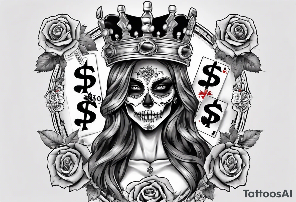 santa la muerta with money and crown
on the card tattoo idea