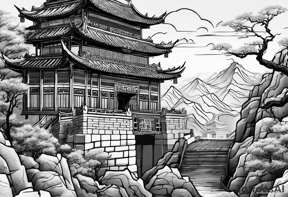 Create for me a tattoo in the Chinese style featuring the Great Wall of China a tiger, a rat, a snake, , and a temple. tattoo idea