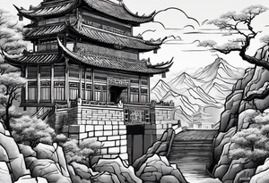 Create for me a tattoo in the Chinese style featuring the Great Wall of China a tiger, a rat, a snake, , and a temple. tattoo idea