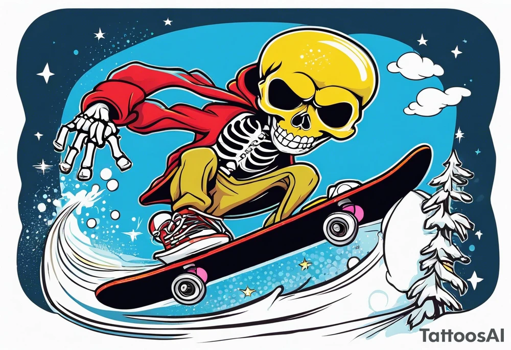 American traditional skeleton with new school snowboard doing a 360 tattoo idea