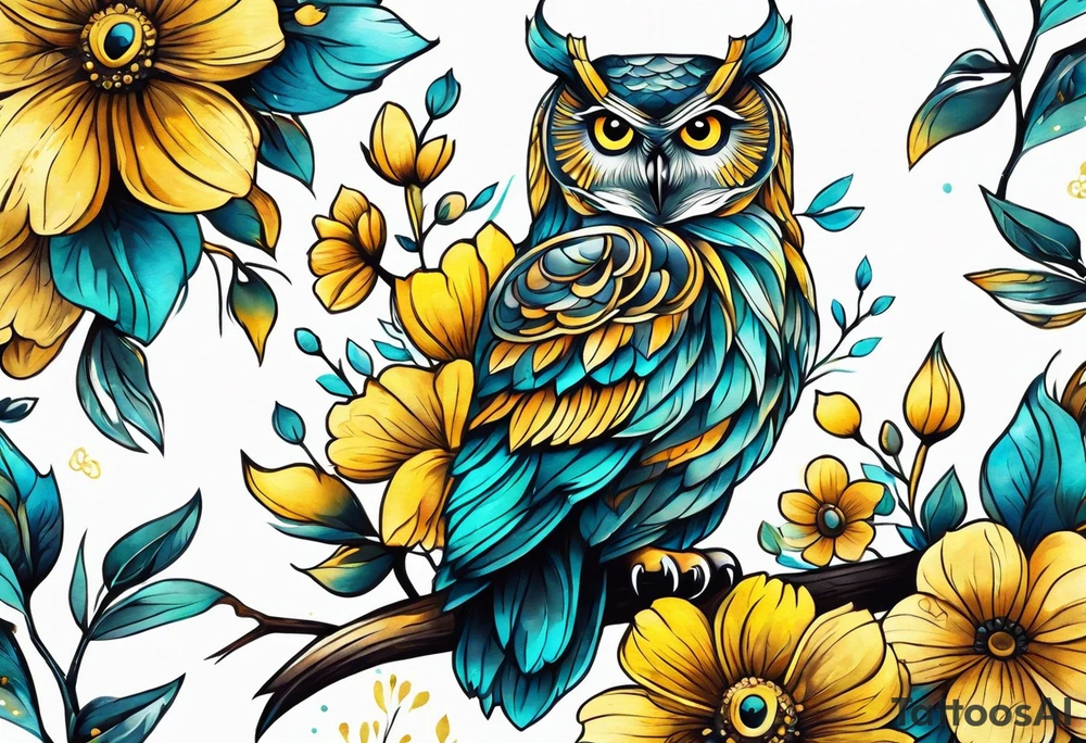 Owl surrounded by yellow and aqua flowers tattoo idea