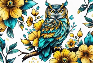 Owl surrounded by yellow and aqua flowers tattoo idea