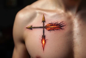 A fire arrow with a golden tip and a trail of red and orange flames, symbolizing unstoppable energy. tattoo idea