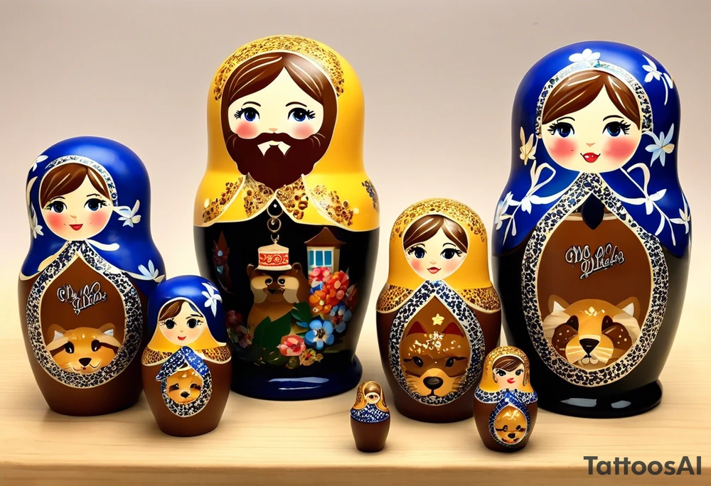 Matryoshka doll family of 4. Each separate doll is designed based on their individual description. Father (biggest doll) has full beard, blue eyes, short brown hair, loves LA Dodgers. Mother (second biggest doll) has blonde bob length hair, no beard, blue eyes, thick rimmed black glasses, loves leopard print. Son is 4 years old, blue eyes, blonde spiky hair, loves Paw Patrol. Daughter is 2 years old, blue eyes, long eyelashes, short light brown bob, loves Bluey. tattoo idea