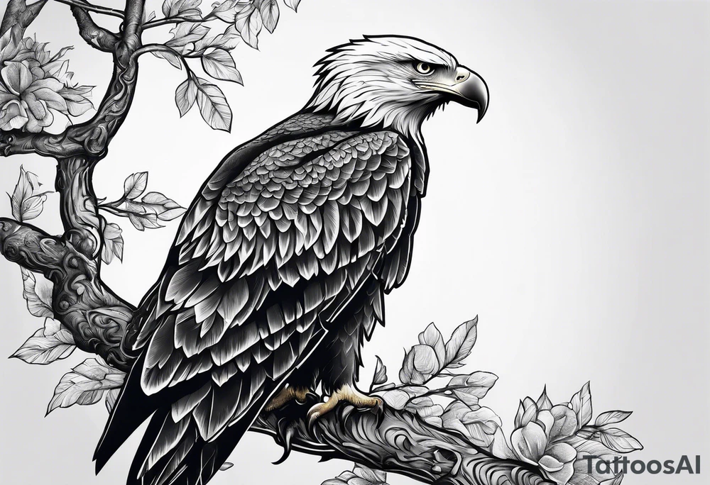 Bold eagle perched on branch tattoo idea