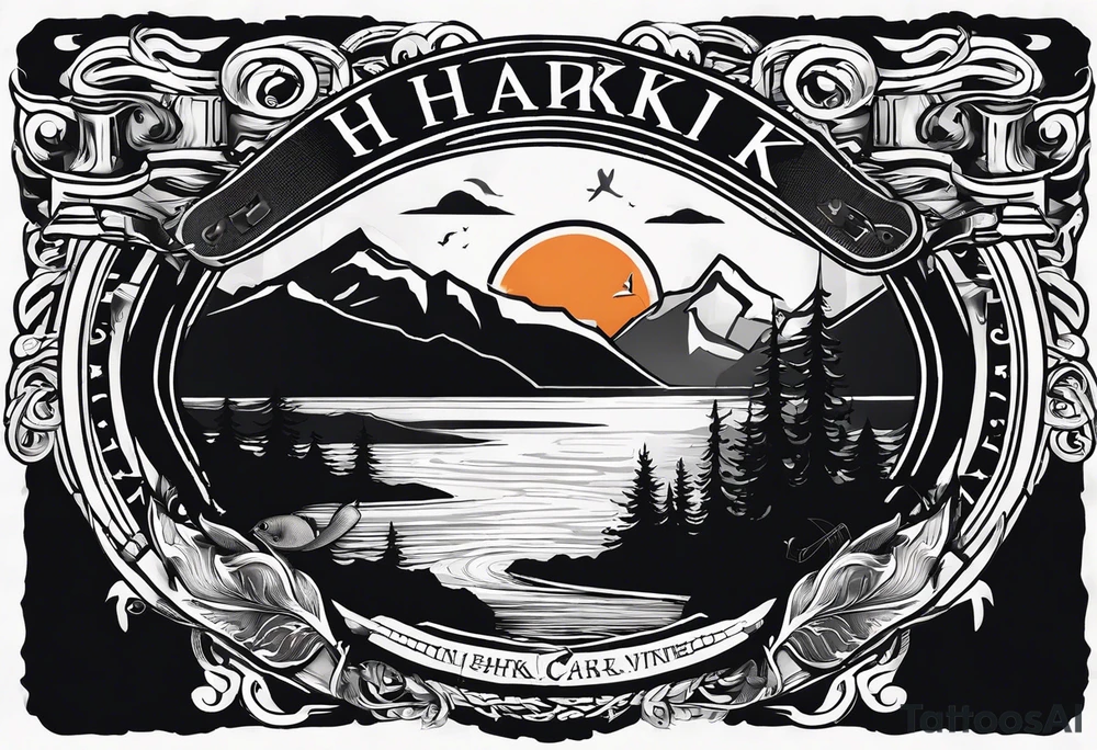 The word "HARK" as a banner with a mountain, a carabiner, compass, and a lake and pontoon in a circular design tattoo idea