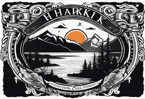 The word "HARK" as a banner with a mountain, a carabiner, compass, and a lake and pontoon in a circular design tattoo idea