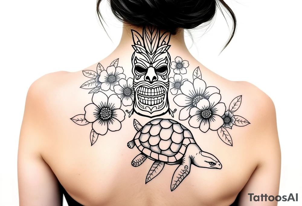 Tiki (great), flowers, waves, equine, turtle, #299 (Small),  upper arm tattoo idea
