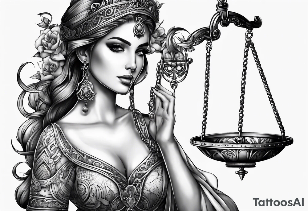 Intricate libra scales held by a beautiful woman tattoo idea