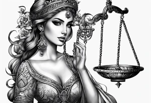 Intricate libra scales held by a beautiful woman tattoo idea