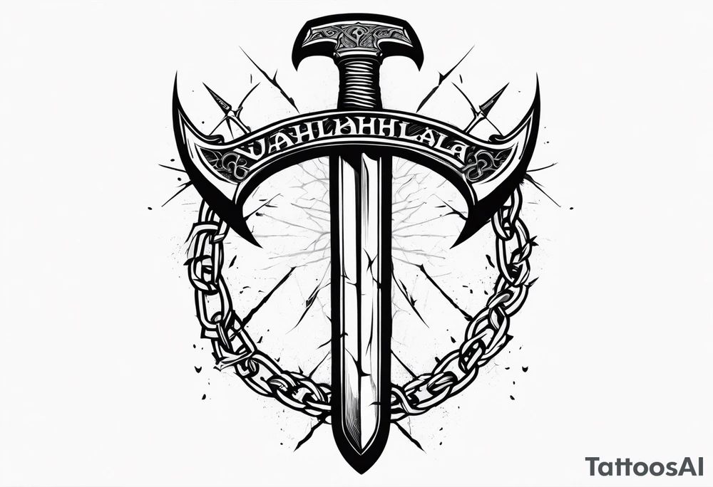 Valhalla sword shield axe barbed wire chains dark cloud tattoo idea