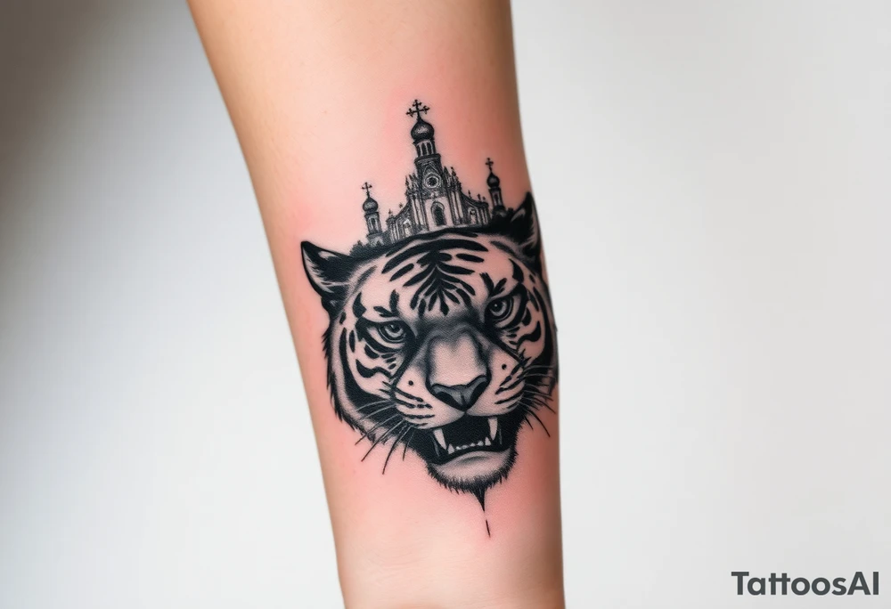 in a dorsal view of the hand and forearm a tiger face on the hand with black hollowed eyes, then above this a orthodox church shrouded with a mist and fading into a virgin mary overlooking tattoo idea