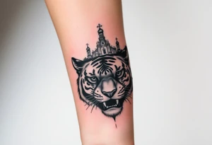 in a dorsal view of the hand and forearm a tiger face on the hand with black hollowed eyes, then above this a orthodox church shrouded with a mist and fading into a virgin mary overlooking tattoo idea