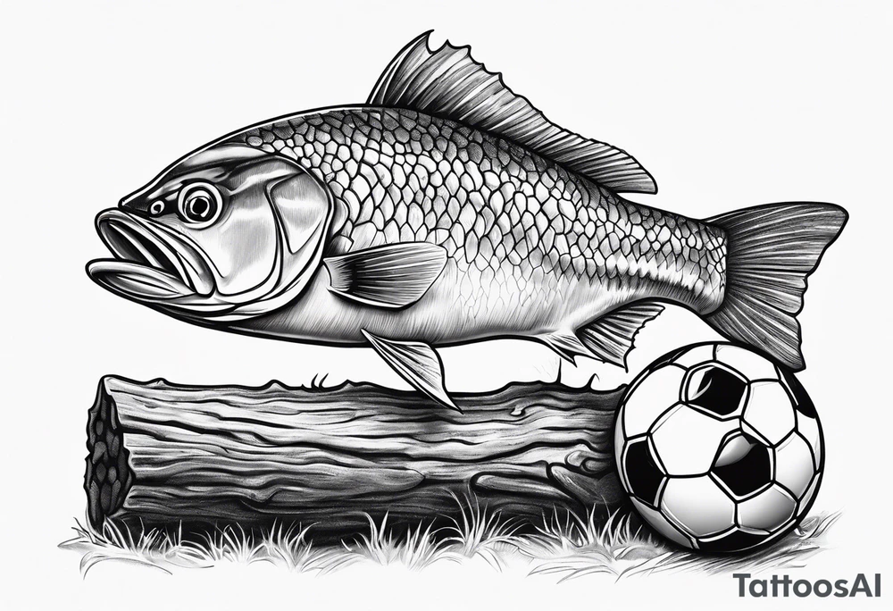 Mulloway eating a soccer ball on a log tattoo idea