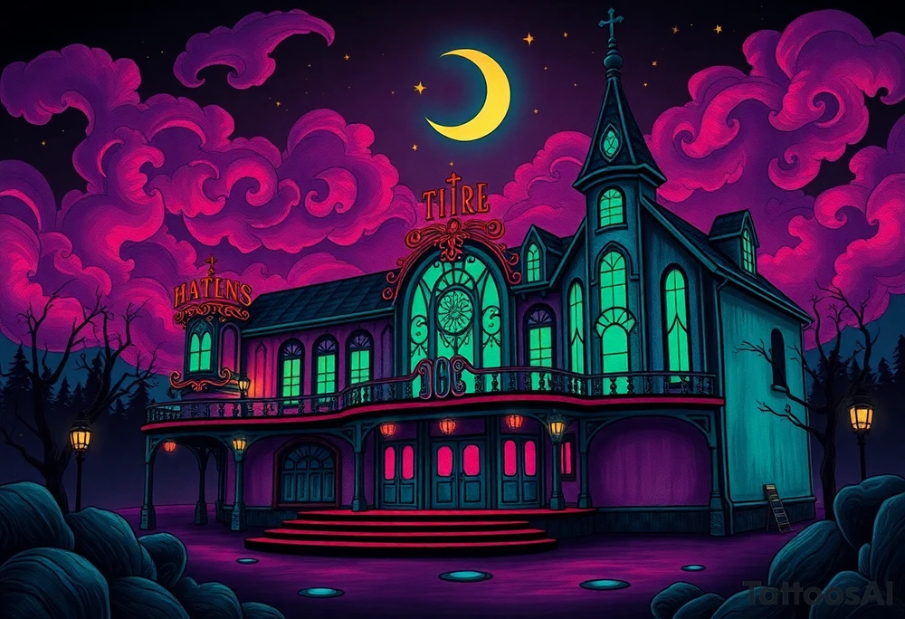 Tim Burton’s haunted casino is abandoned and dripping with muted reds, dusty pinks, and eerie green glow.purple and cyan smokey clouds swirl in the crescent moonlit sky thats sprinkled with stars tattoo idea tattoo idea