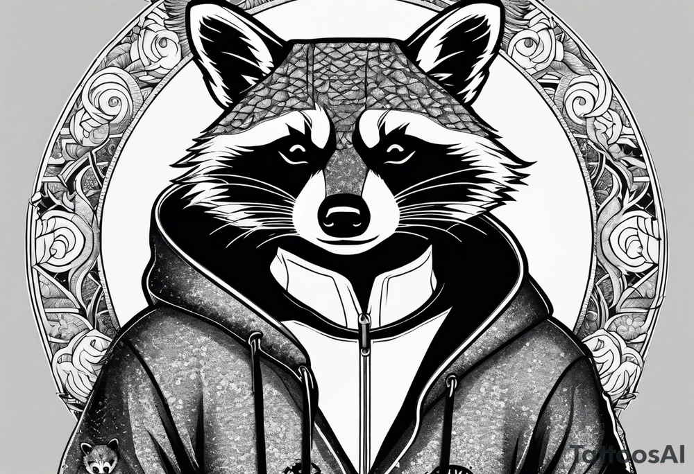 raccoon wearing a Superman hoodie tattoo idea