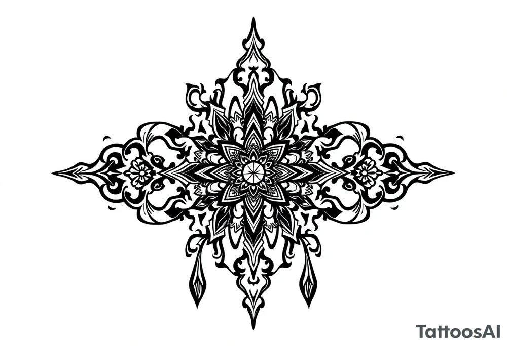 mystical dark and long ornament tattoo with shaman and witch style and ancient rhyme tattoo idea