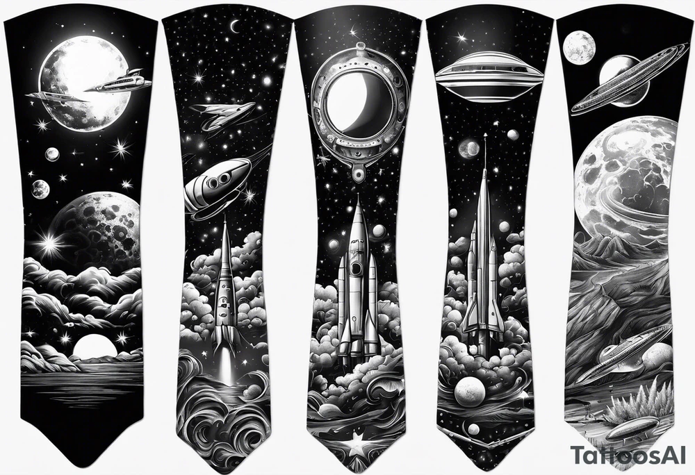 space themed arm sleeve with aliens ufos airplanes and rockets tattoo idea